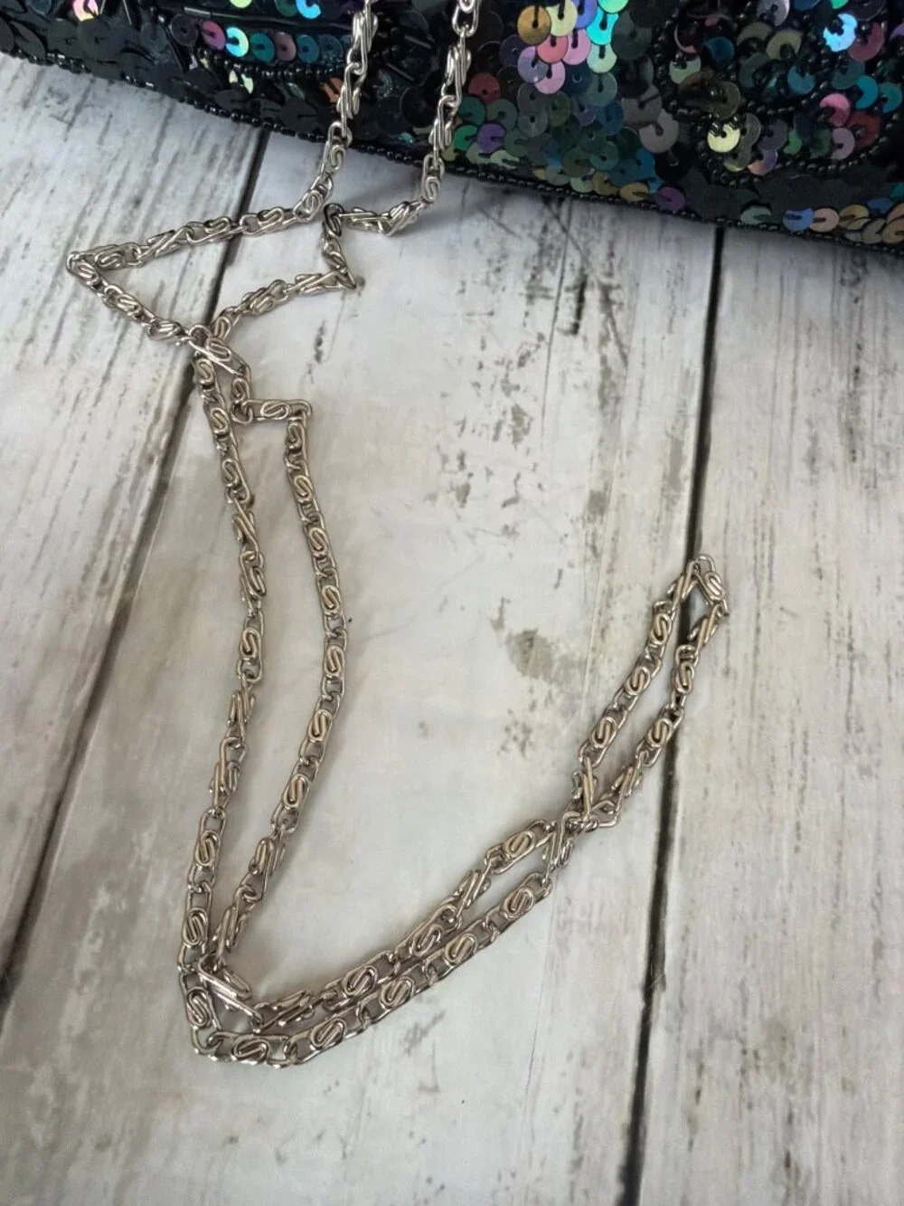 Y2K Max Mayer Black Beaded Sequin Evening Bag Clutch Kiss Lock Chain Strap NEW - Picture 3 of 14